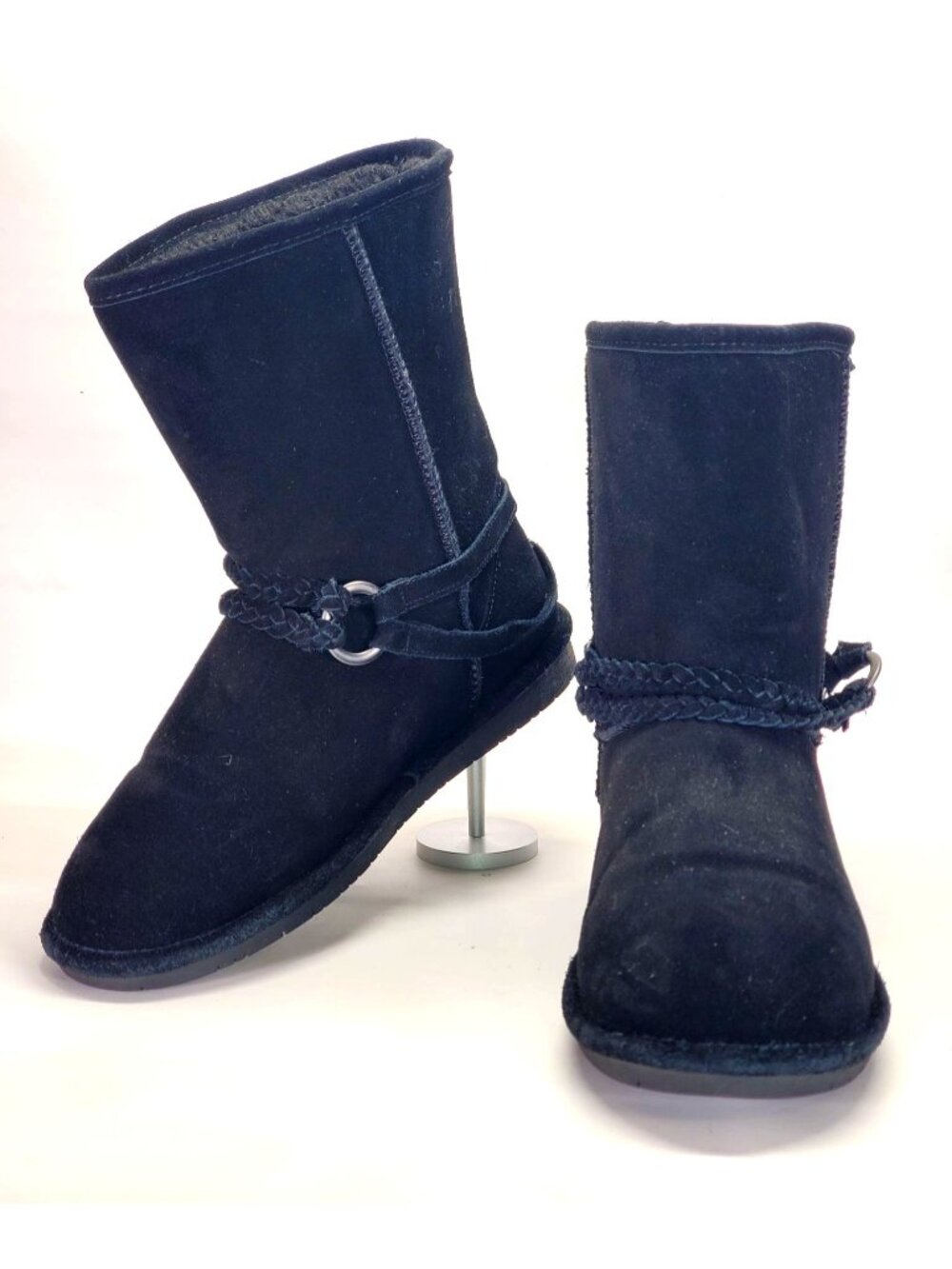 BearPaw Women's Adele Black Suede/Wool/Sheep Skin Boots with Straps Size 11 1079